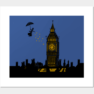 Mary Poppins and Big Ben Linocut Silhouette Print in black, blue and gold Posters and Art